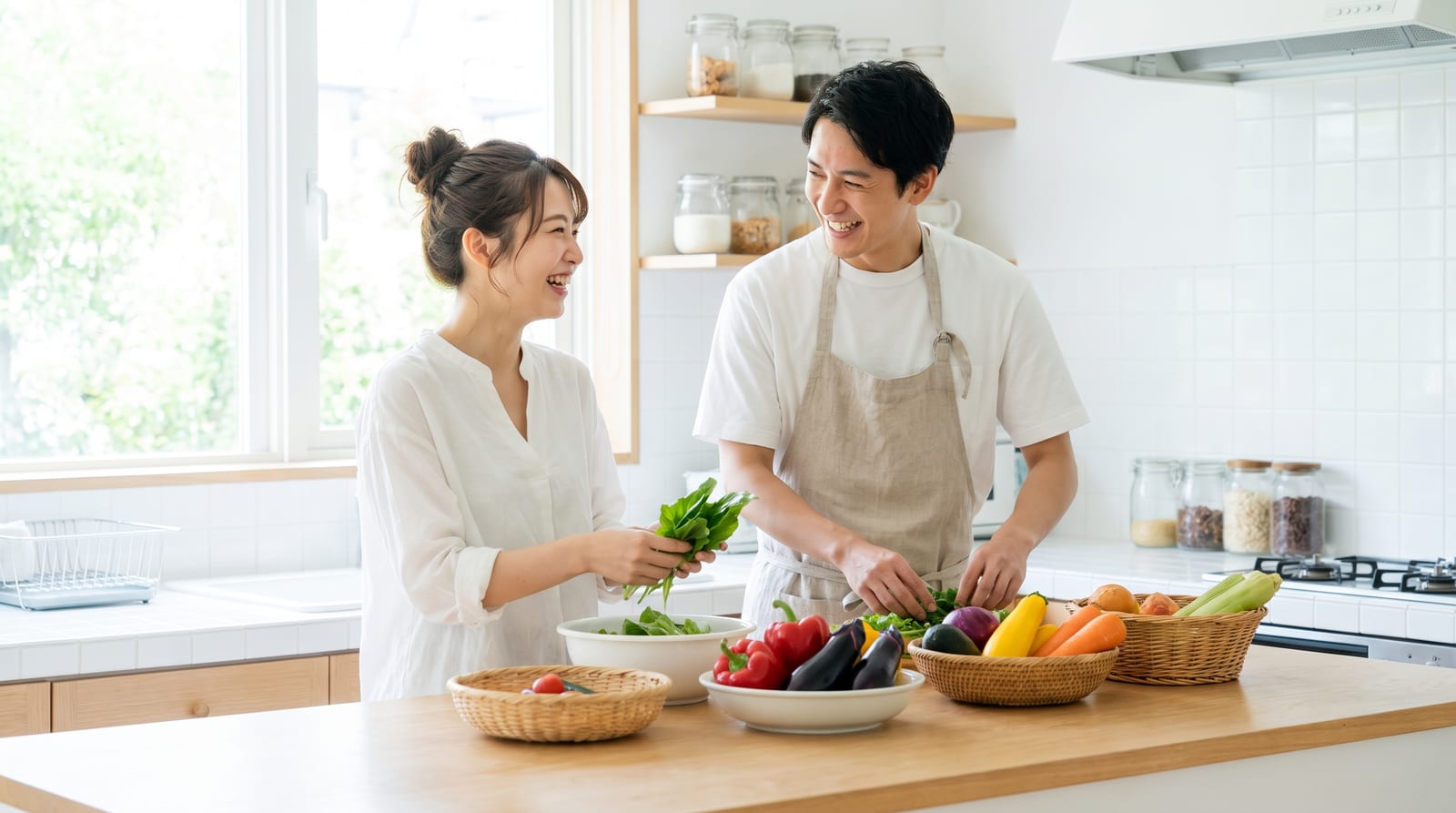 届いた野菜をふたりで洗って仕分けているところ