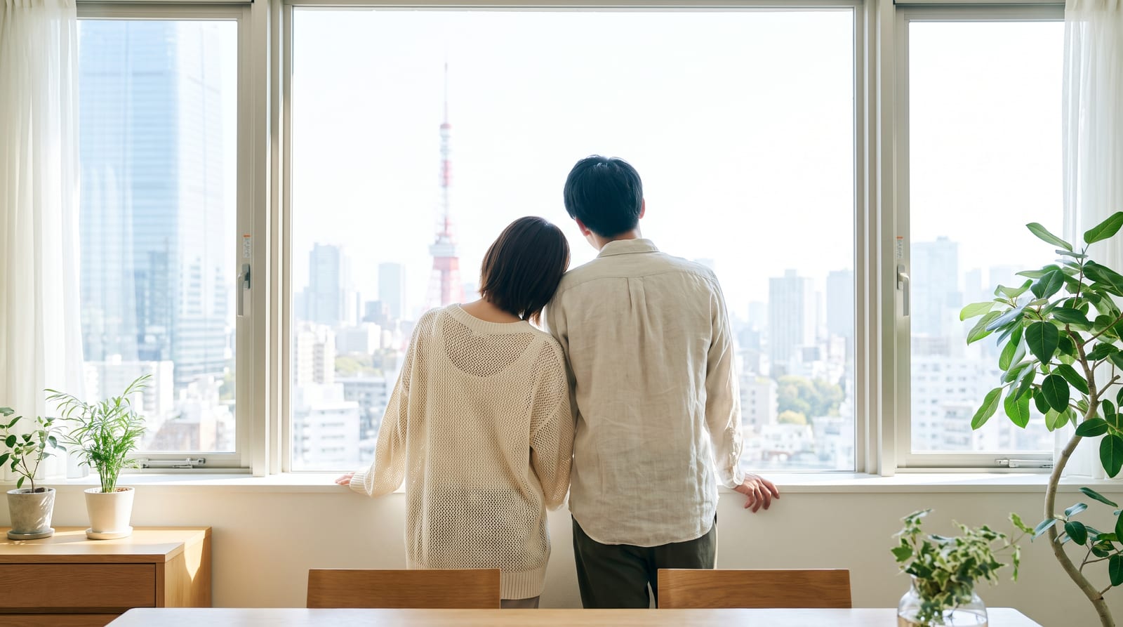 窓の外を並んで眺めているふたり