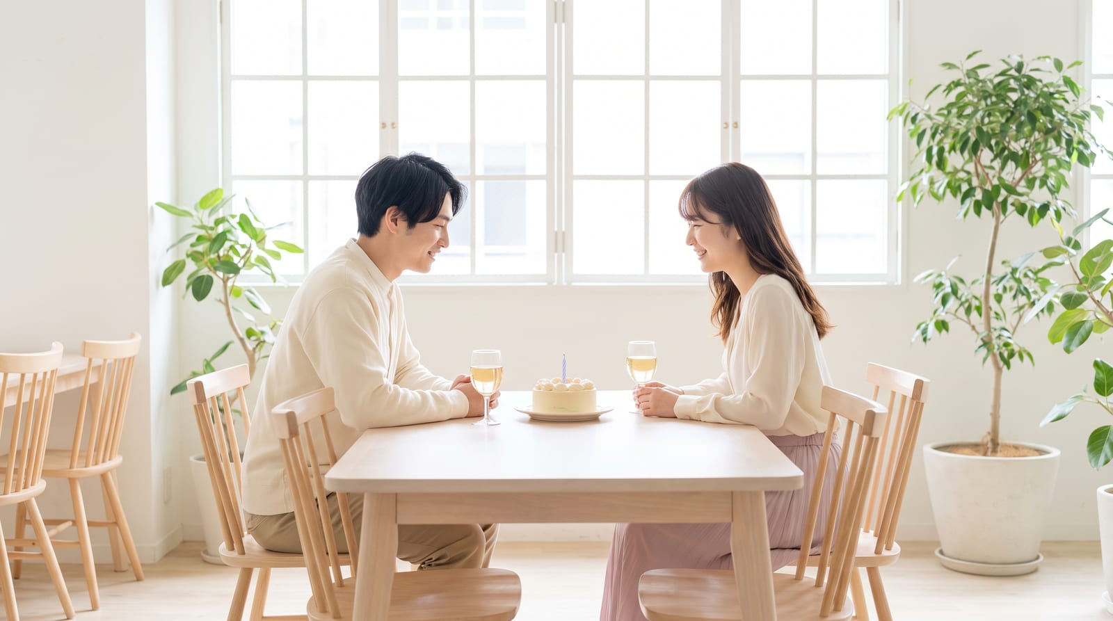 明るいレストランで記念日の食事をしているふたり