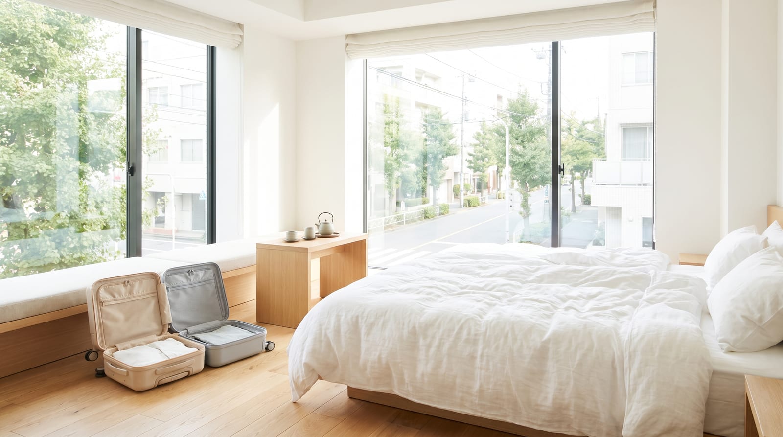 朝のホテルの部屋に置かれたふたりぶんのスーツケース