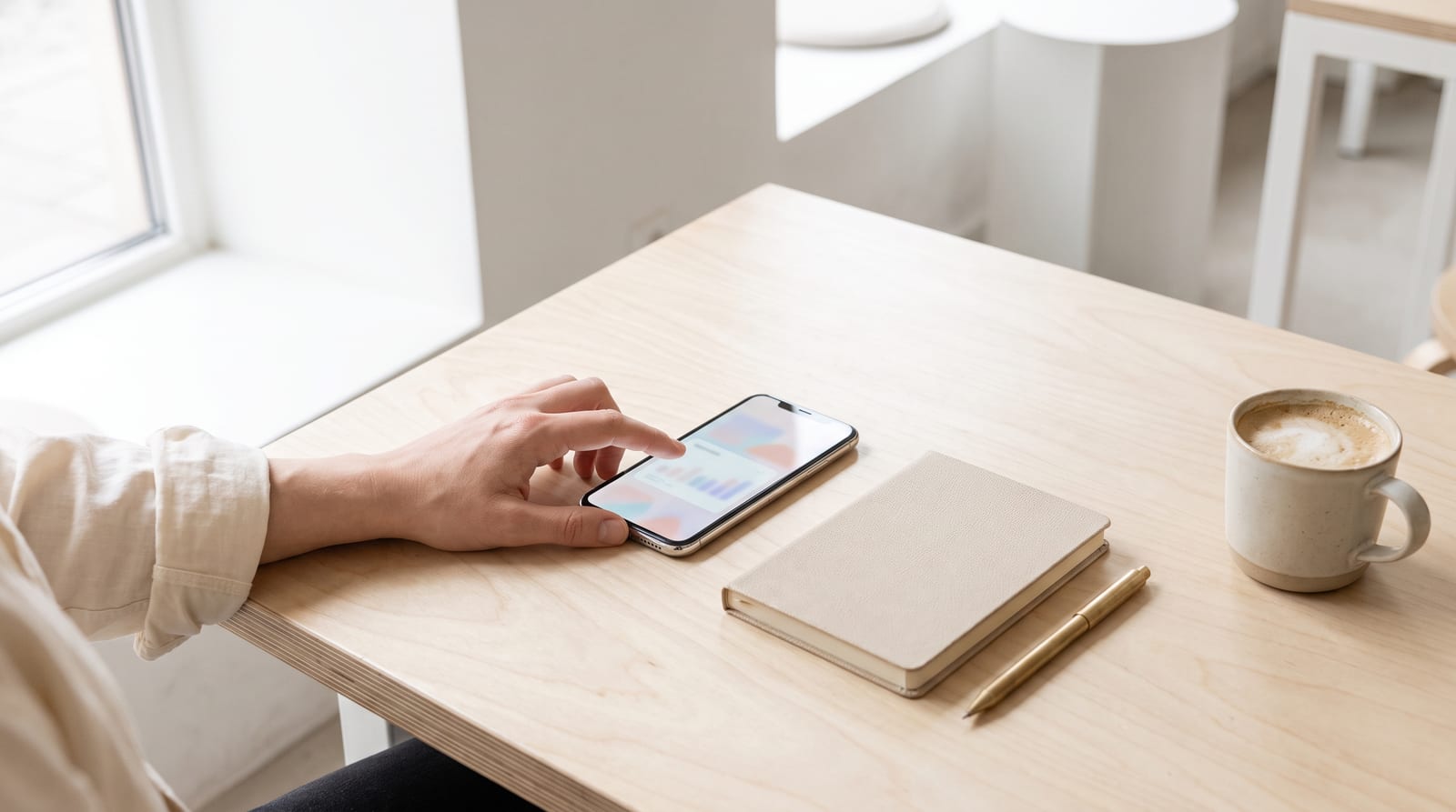 スマートフォンで残高を確認しながらメモを取っているところ