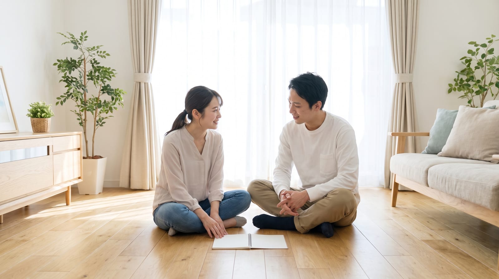 床に座ってノートを広げ話しているふたり