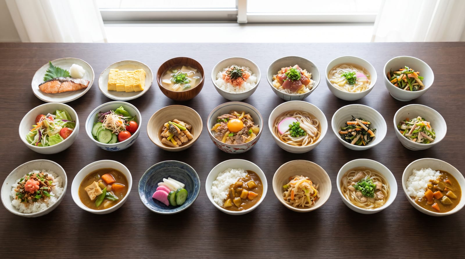 小鉢に並べた一週間ぶんの家庭料理