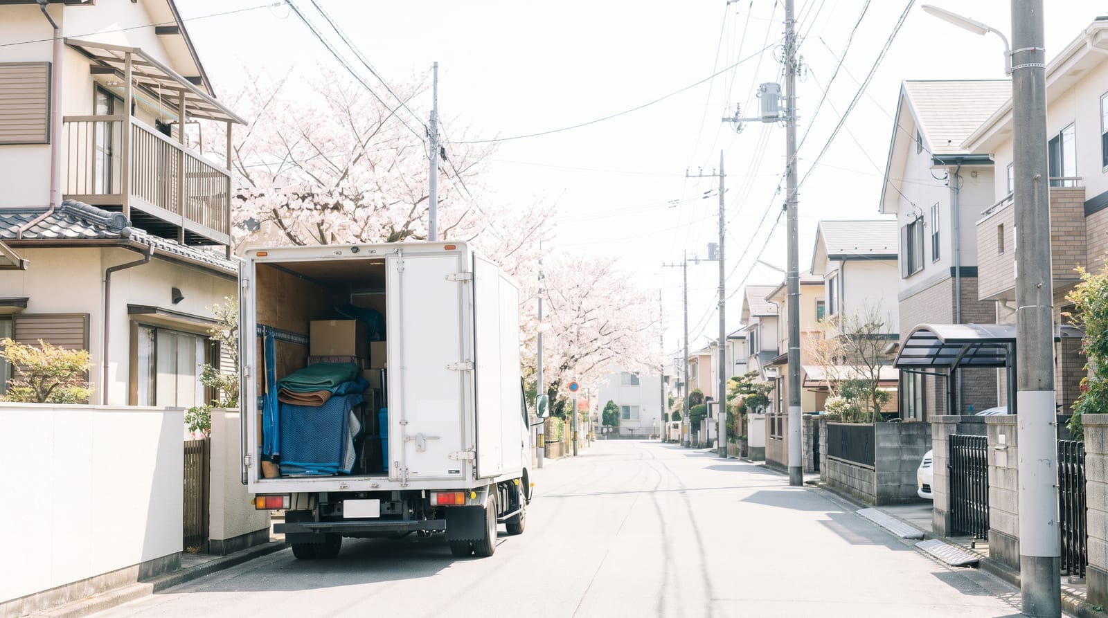 住宅街に停まった引越しのトラック