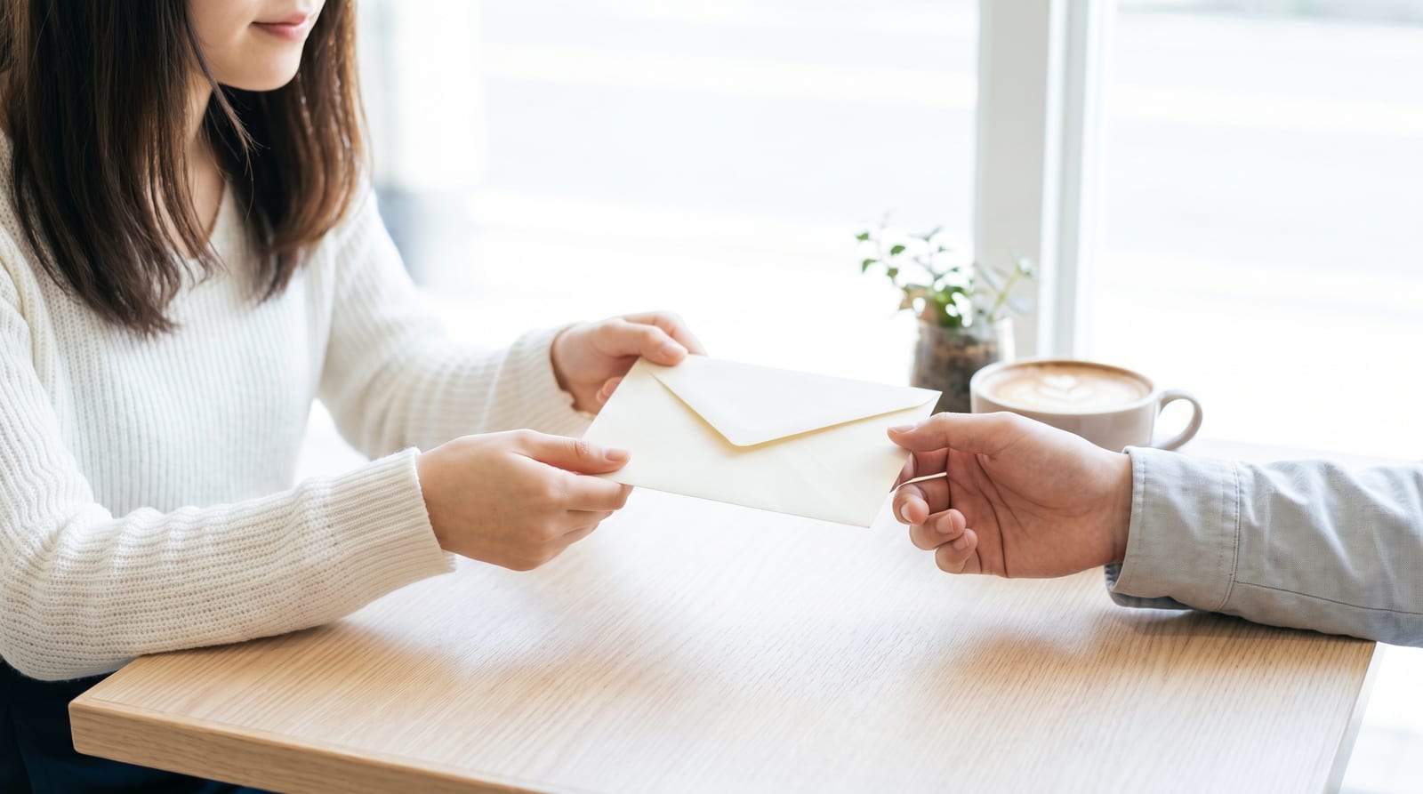 カフェのテーブルで白い封筒を手渡しているふたりの手元
