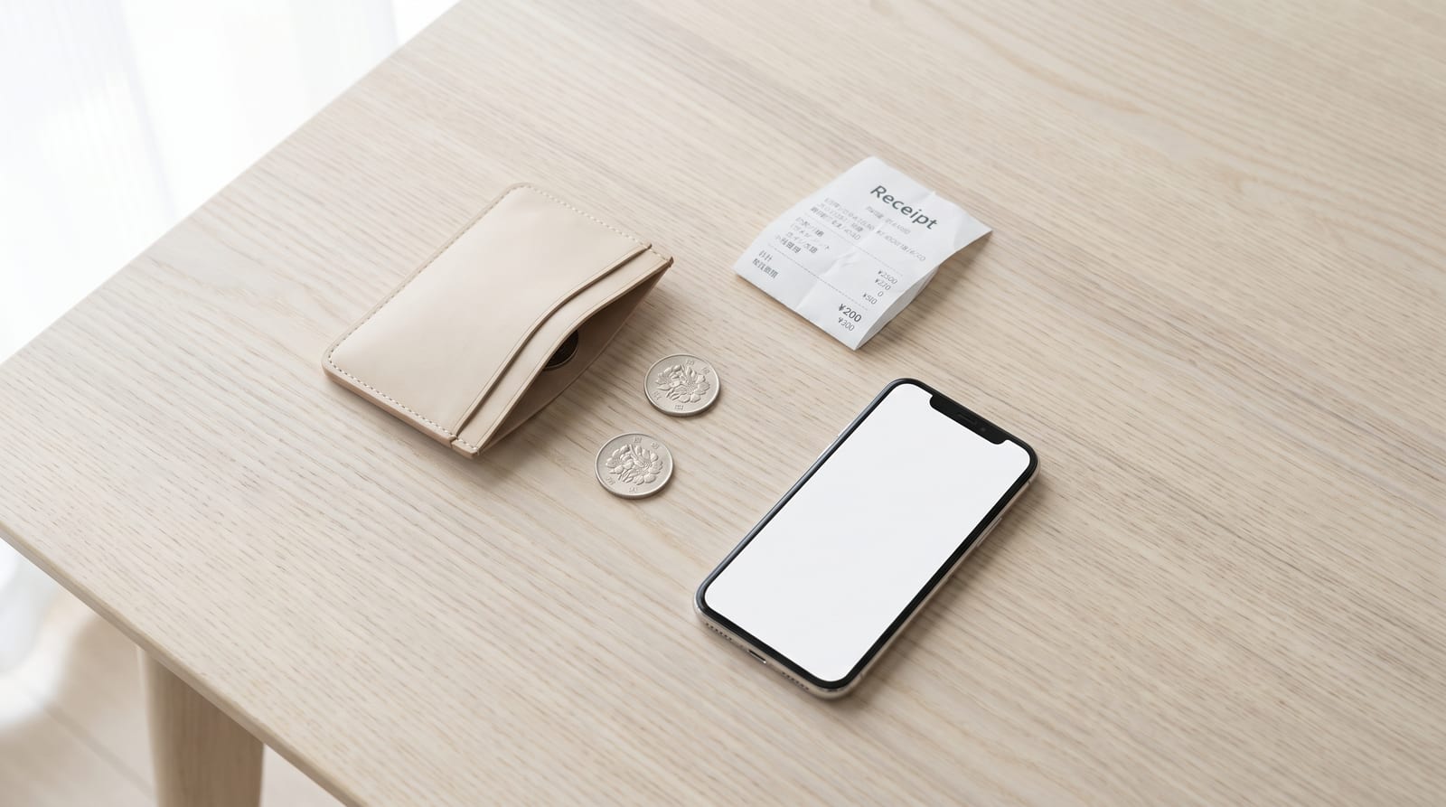 明るい木のテーブルに、開いたままの薄いカードケースと 100 円玉 2 枚、レシート、画面が白いスマートフォンが置かれている