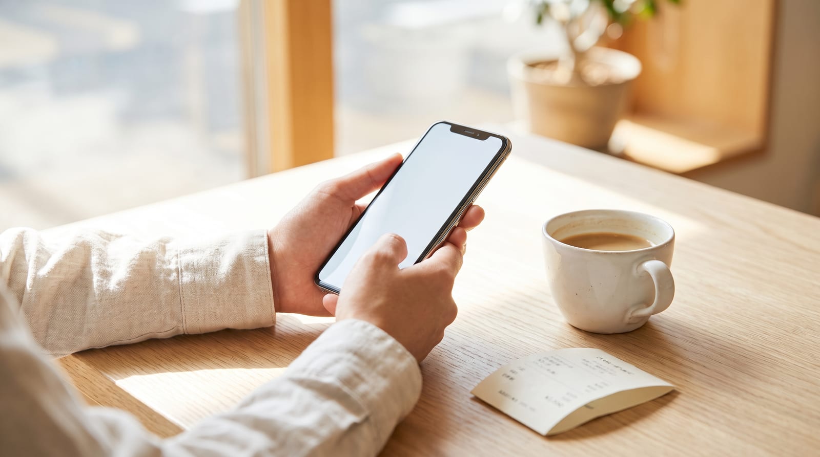 明るいカフェの窓際で、木のテーブルに置いたコーヒーとレシートの横でスマートフォンを両手で持っている手元
