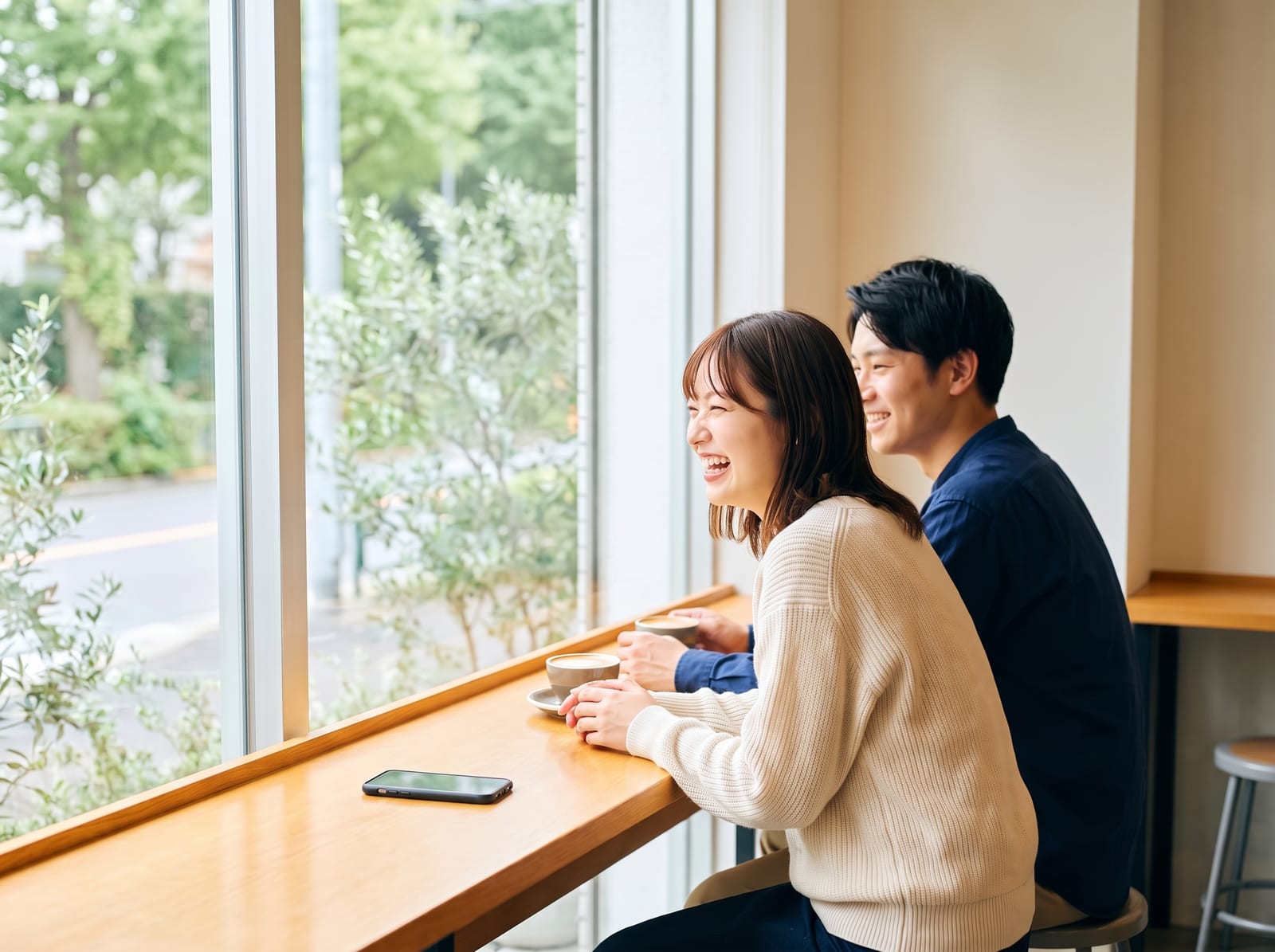 カフェの窓際のカウンターで、コーヒーを前に笑い合うふたり