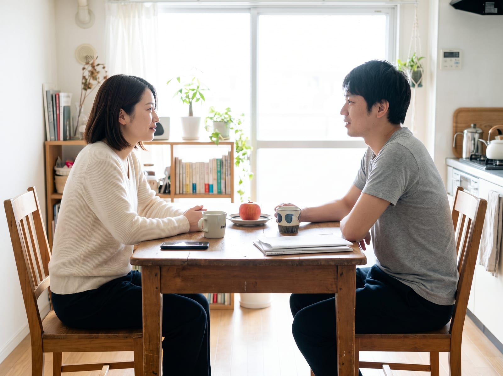 部屋のテーブルをはさんで、同じ目線で向かい合って話すふたり